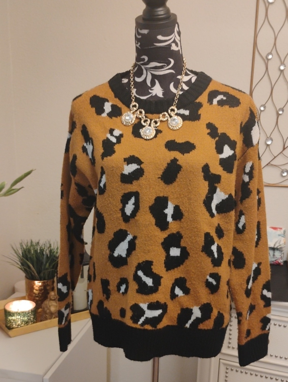 Women's Leopard Print Crewneck Sweater - Mustard/Black